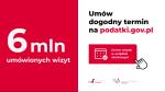 Po lewej stronie napis: 6 mln umówionych wizyt. Po prawej stronie napis: Umów dogodny termin na podatki.gov.pl